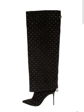 Balmain Black Crystal-Studded Pointed Stiletto Knee Boot
